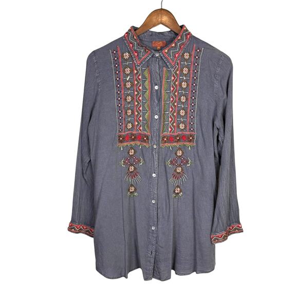 Scully Vintage Wash Gray Embroidered Button Up Long Sleeve Western Tunic Top - Picture 9 of 13